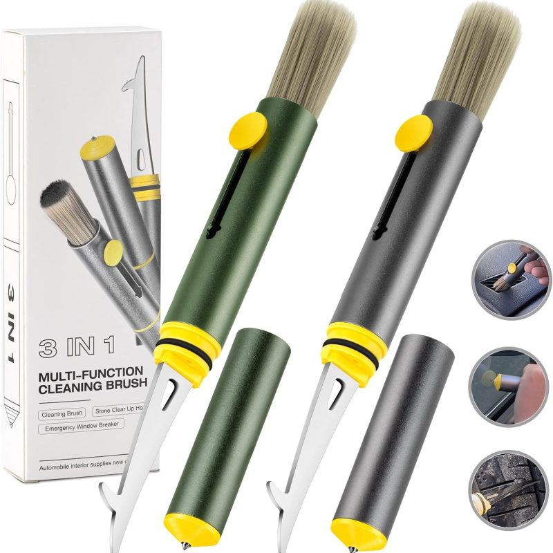 3 in 1 Car Detailing Brush with Window Breaker and Tire Cleaning Hook, Auto Interior Cleaning Brush, Aluminum Alloy Multifunctional Car Cleaning Tool (Combination)