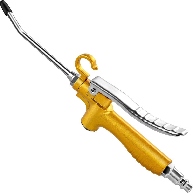 High Volume Industrial Air Blow Gun with Rubber Guard Air Flow Nozzle, Professional Gold Paint Metal Air Blower Gun, Pneumatic Dust Cleaning Tool for Air Compressor Accessories