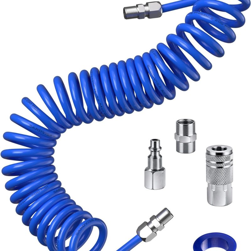 SARDVISA 25 Feet Repairable EVA Recoil Air Hose, Air Compressor Hose with 1/4" NPT Industrial Universal Quick Coupler and I/M Plug Kit, 200PSI Max Air Tool Hose