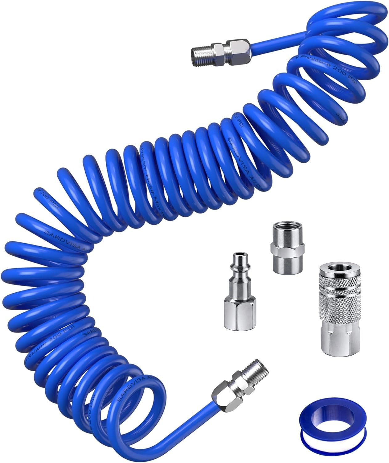 SARDVISA 25 Feet Repairable EVA Recoil Air Hose, Air Compressor Hose with 1/4" NPT Industrial Universal Quick Coupler and I/M Plug Kit, 200PSI Max Air Tool Hose