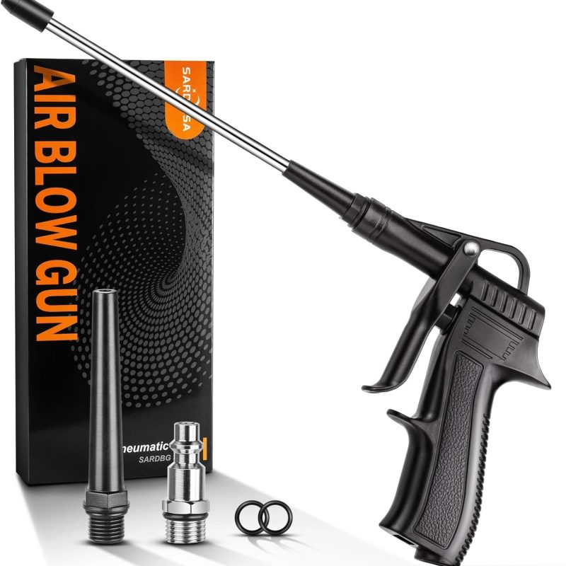High Power Air Blow Gun with Rubber Guard, Plastic Steel Air Nozzle Blower Gun with 8.6 Inches Air Flow Extension, 1/4'' Standard Quick Plug Pneumatic Dust Clean Tool for Air Compressor Accessories