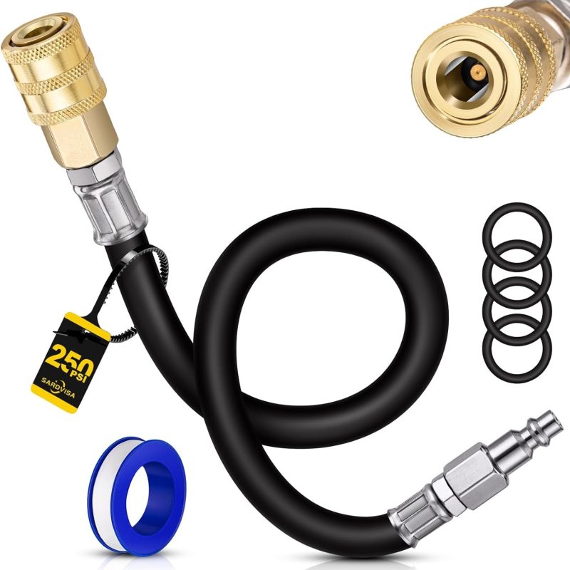 SARDVISA 16.5" Extended Plug Locking Air Chuck, Metal Closed Flow Tire Inflating Adaptor with 1/4" ID Rubber Hose & FNPT Quick Plug, Tire Inflator Nozzle Chuck Set for Air Compressor Fittings