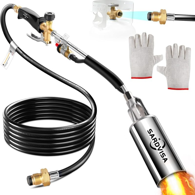 Heavy Duty Propane Torch Weed Burner with 9.8 FT Rubber Hose, Output 880,000 BTU Weed Torch with Turbo Trigger Push Button Igniter & Oven Gloves, Adjustable Flamethrower For Burning Weed, Ice Snow