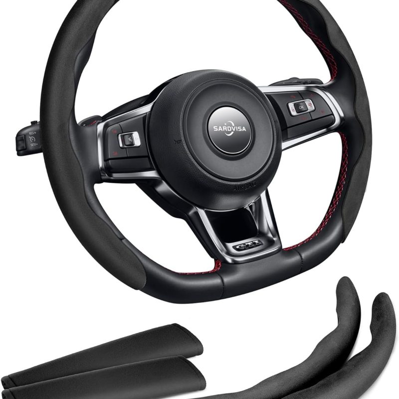 SARDVISA Sporty Suede Car Steering Wheel Cover, Segmented Steering Wheel Protector with 2PCS Car Seat Belt Covers, Butterfly Steering Wheel Cover, Universal Wheel Cover Protector for 99% Car (Black)