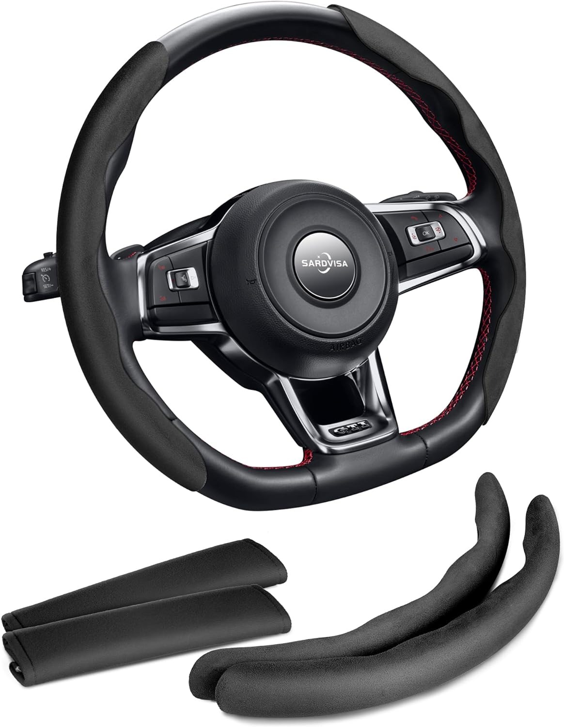 SARDVISA Sporty Suede Car Steering Wheel Cover, Segmented Steering Wheel Protector with 2PCS Car Seat Belt Covers, Butterfly Steering Wheel Cover, Universal Wheel Cover Protector for 99% Car (Black)