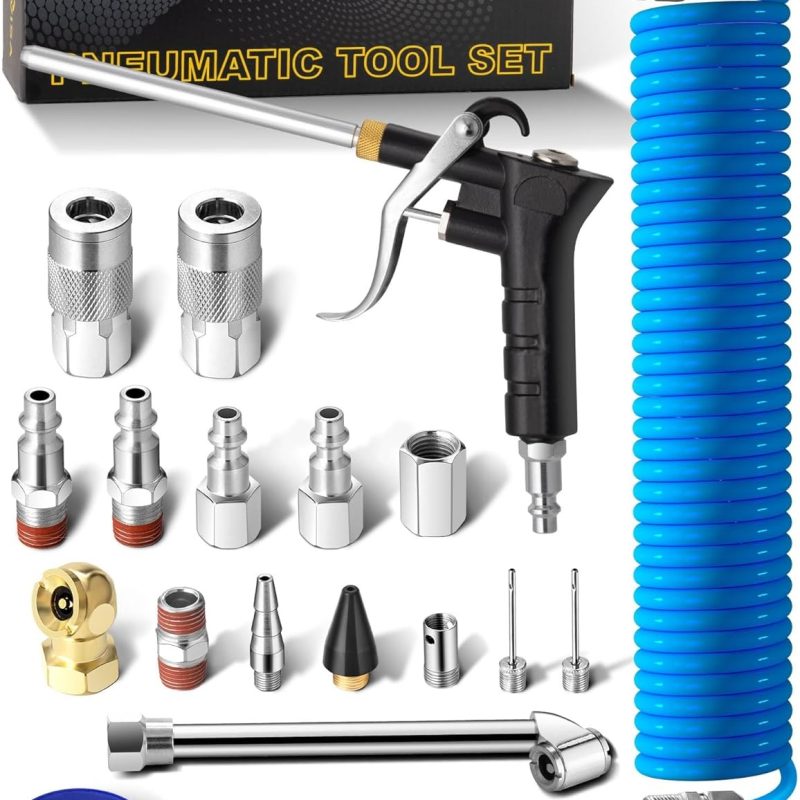 SARDVISA 22-Packs Air Compressor Accessories Kit, 25FT Upgrade Repairable Air Hose with 1/4'' NPT Air Tool Kit, Air Blow Gun/Air Chuck/Tire Gauge, Pneumatic Tool Set