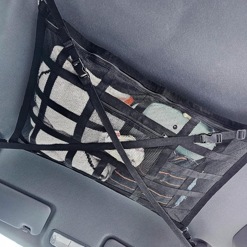 SARDVISA Upgrade Car Ceiling Cargo Net with Fixing Strap, 32" X 21" Double Layer Car Roof Storage Organizer with Quick Release & Zipper, Car Camping Essentials for SUV Road Trip Travel Accessories