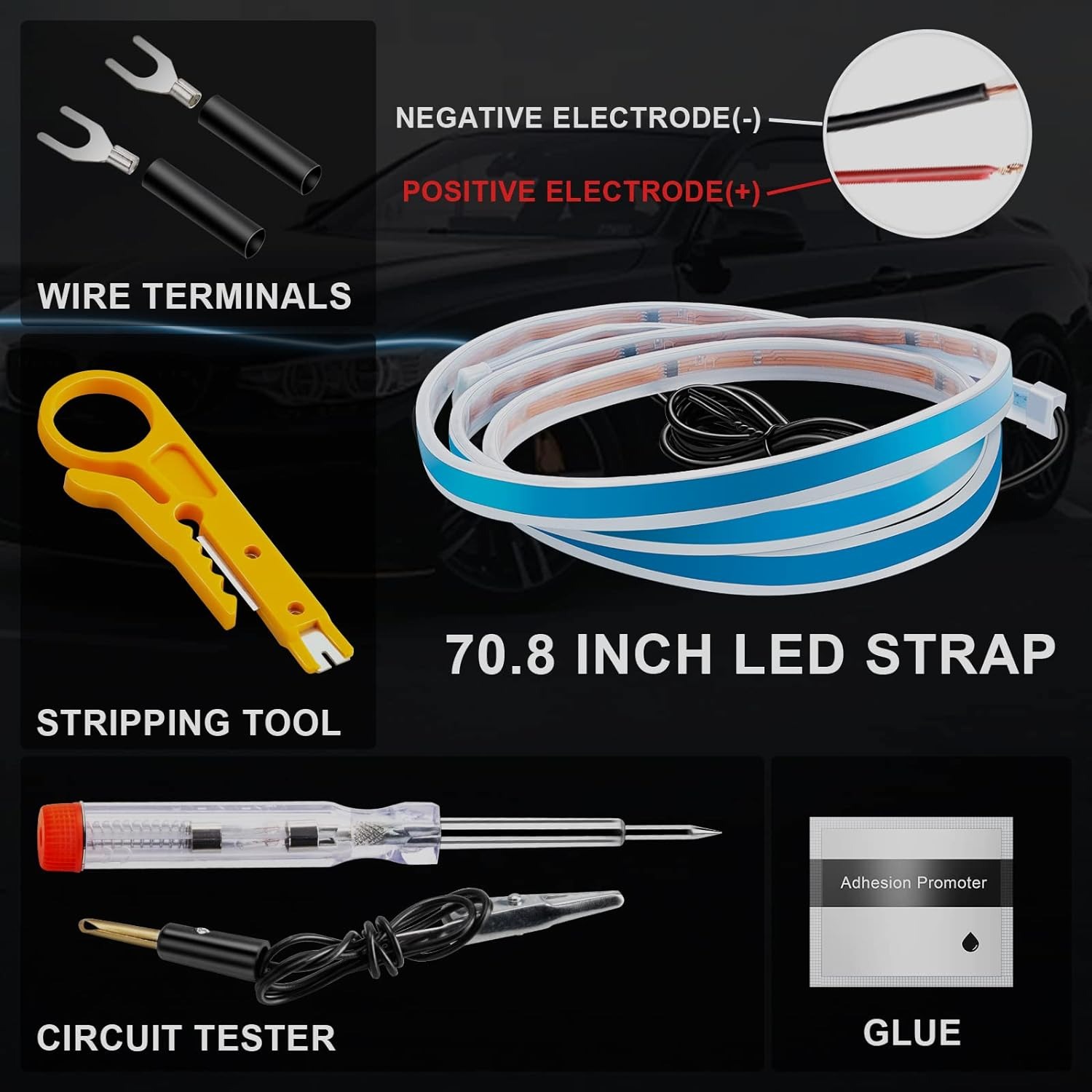 SARDVISA Car Hood Light Strip, 70.8 Inches Flexible Exterior Car Hood Led Strip, Safe Waterproof Car Engine Cove Led Light Decoration for Cars, Suvs, Trucks, Pickups, RV, Jeeps (Blue)