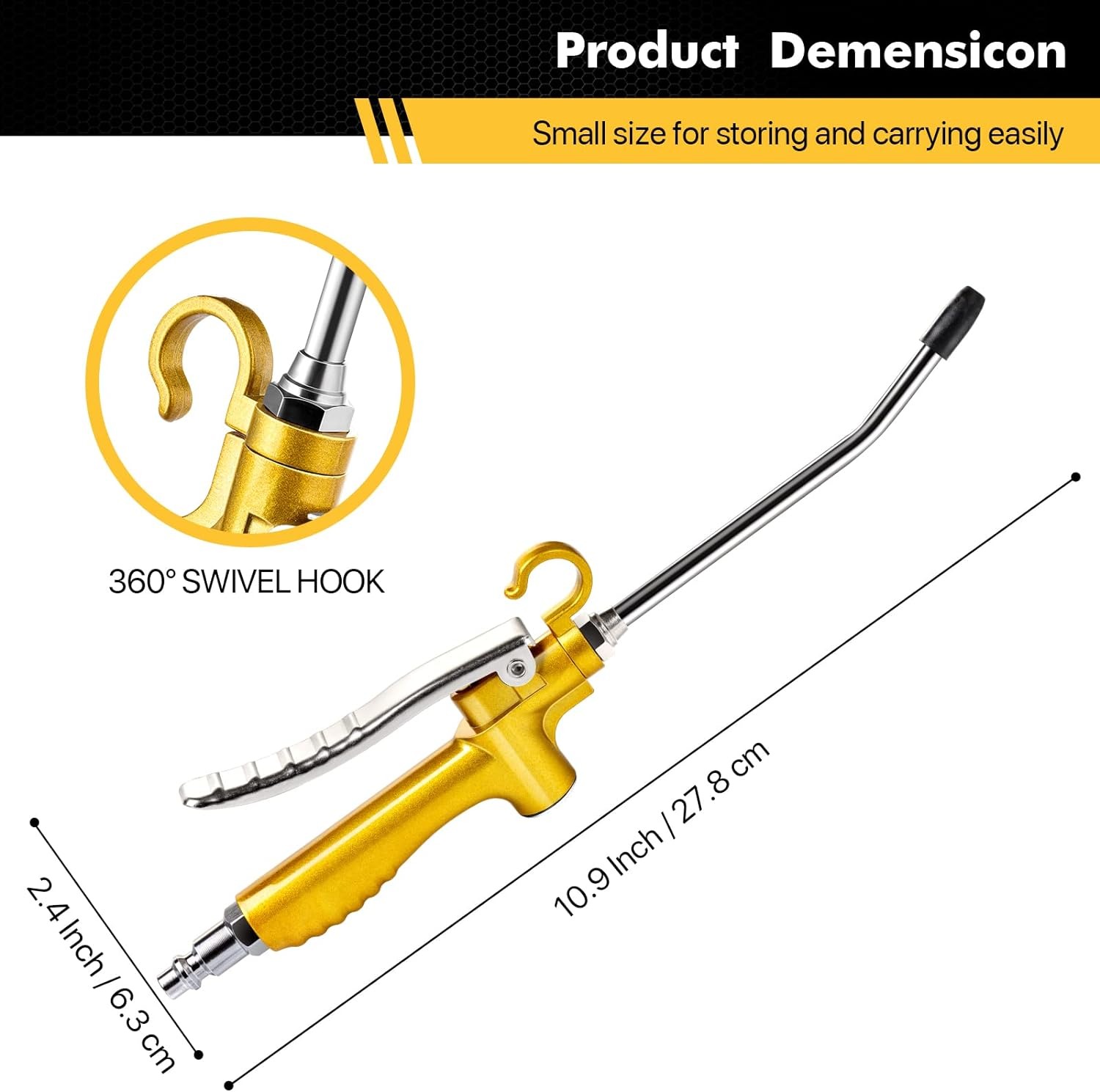 High Volume Industrial Air Blow Gun with Rubber Guard Air Flow Nozzle, Professional Gold Paint Metal Air Blower Gun, Pneumatic Dust Cleaning Tool for Air Compressor Accessories
