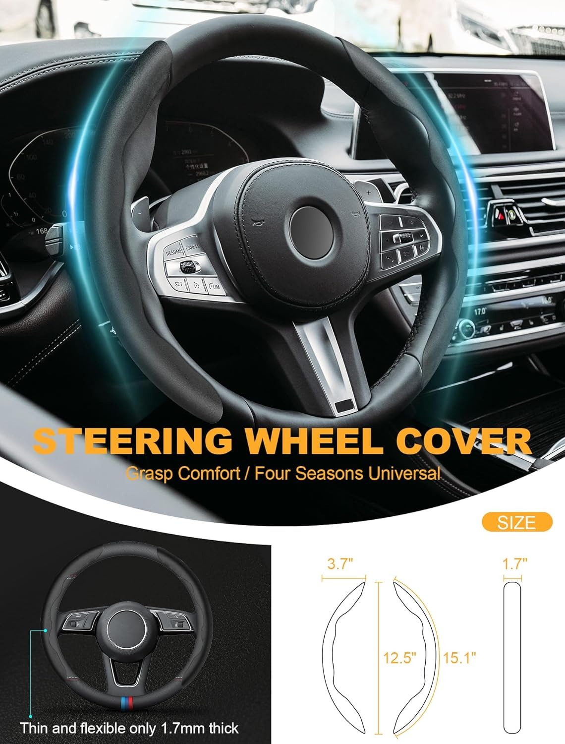 SARDVISA Sporty Suede Car Steering Wheel Cover, Segmented Steering Wheel Protector with 2PCS Car Seat Belt Covers, Butterfly Steering Wheel Cover, Universal Wheel Cover Protector for 99% Car (Black)