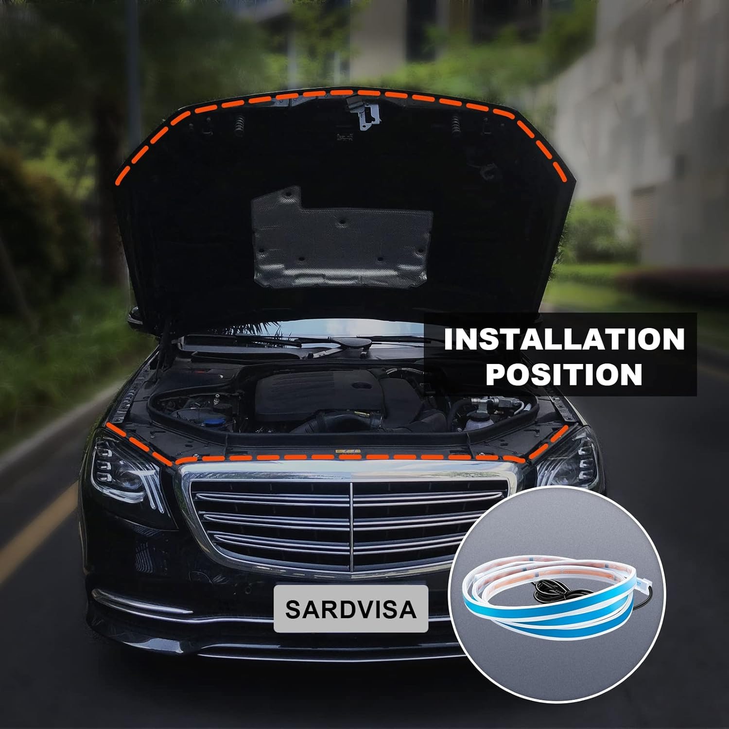 SARDVISA Car Hood Light Strip, 70.8 Inches Flexible Exterior Car Hood Led Strip, Safe Waterproof Car Engine Cove Led Light Decoration for Cars, Suvs, Trucks, Pickups, RV, Jeeps (Blue)