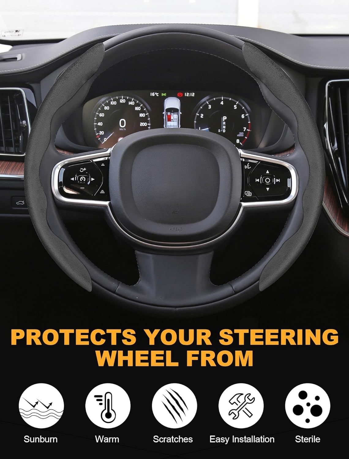 SARDVISA Sporty Suede Car Steering Wheel Cover, Segmented Steering Wheel Protector with 2PCS Car Seat Belt Covers, Butterfly Steering Wheel Cover, Universal Wheel Cover Protector for 99% Car (Black)