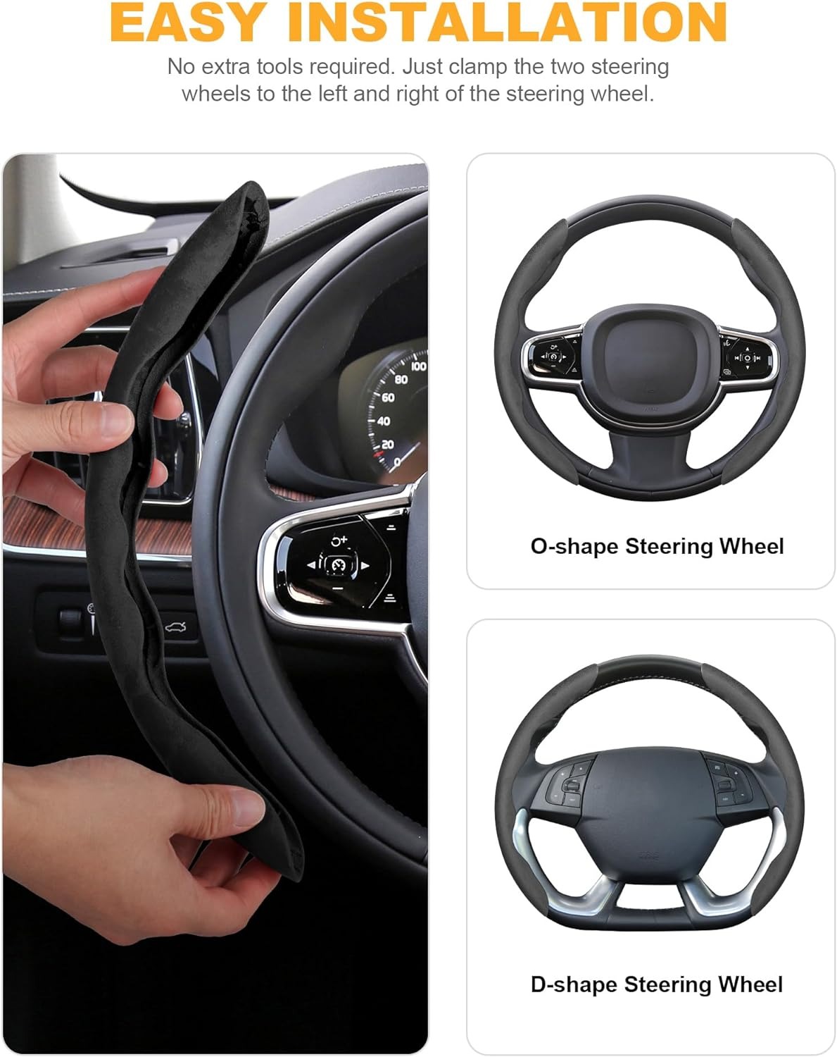 SARDVISA Sporty Suede Car Steering Wheel Cover, Segmented Steering Wheel Protector with 2PCS Car Seat Belt Covers, Butterfly Steering Wheel Cover, Universal Wheel Cover Protector for 99% Car (Black)