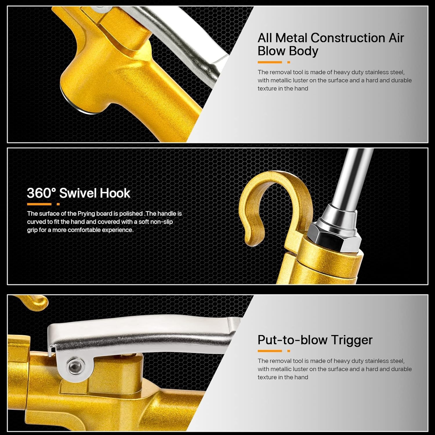 High Volume Industrial Air Blow Gun with Rubber Guard Air Flow Nozzle, Professional Gold Paint Metal Air Blower Gun, Pneumatic Dust Cleaning Tool for Air Compressor Accessories