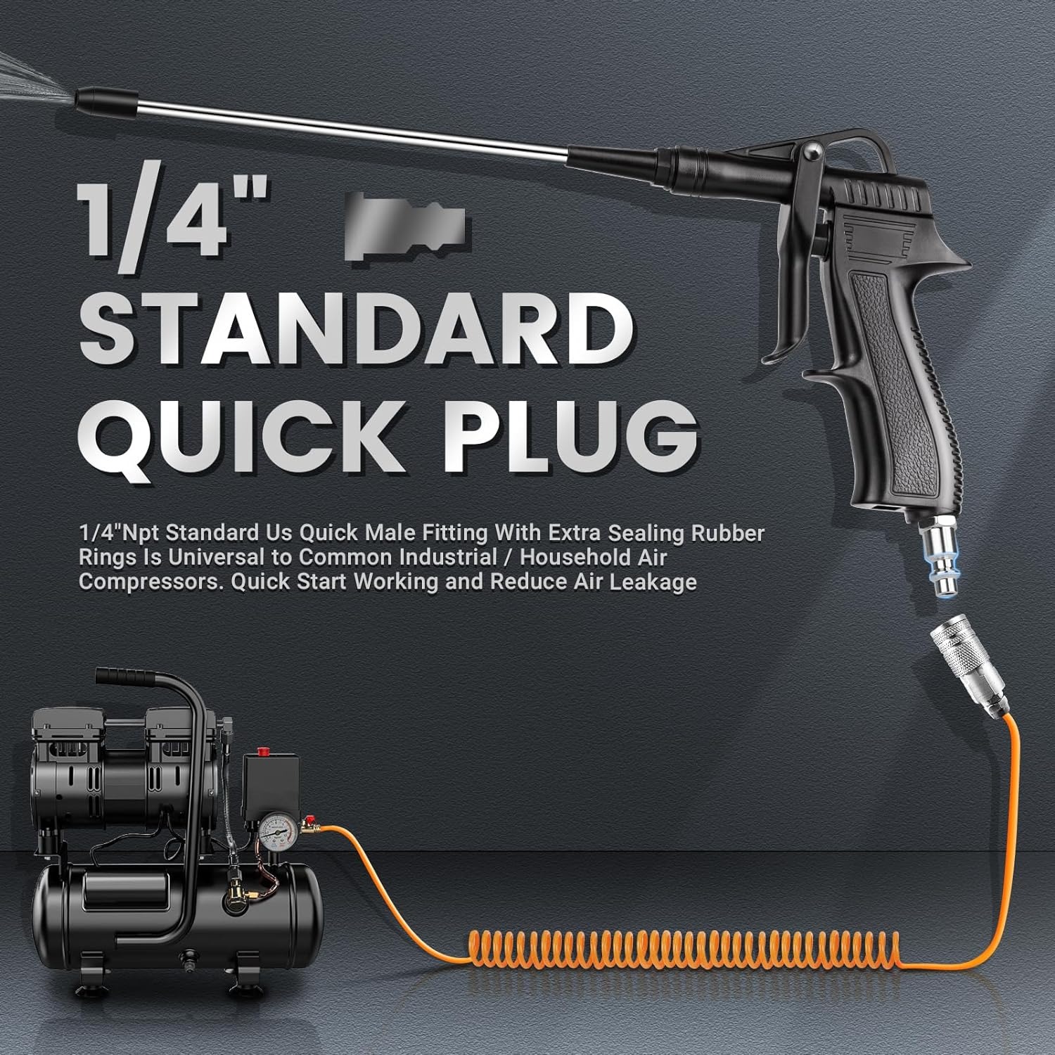 High Power Air Blow Gun with Rubber Guard, Plastic Steel Air Nozzle Blower Gun with 8.6 Inches Air Flow Extension, 1/4'' Standard Quick Plug Pneumatic Dust Clean Tool for Air Compressor Accessories