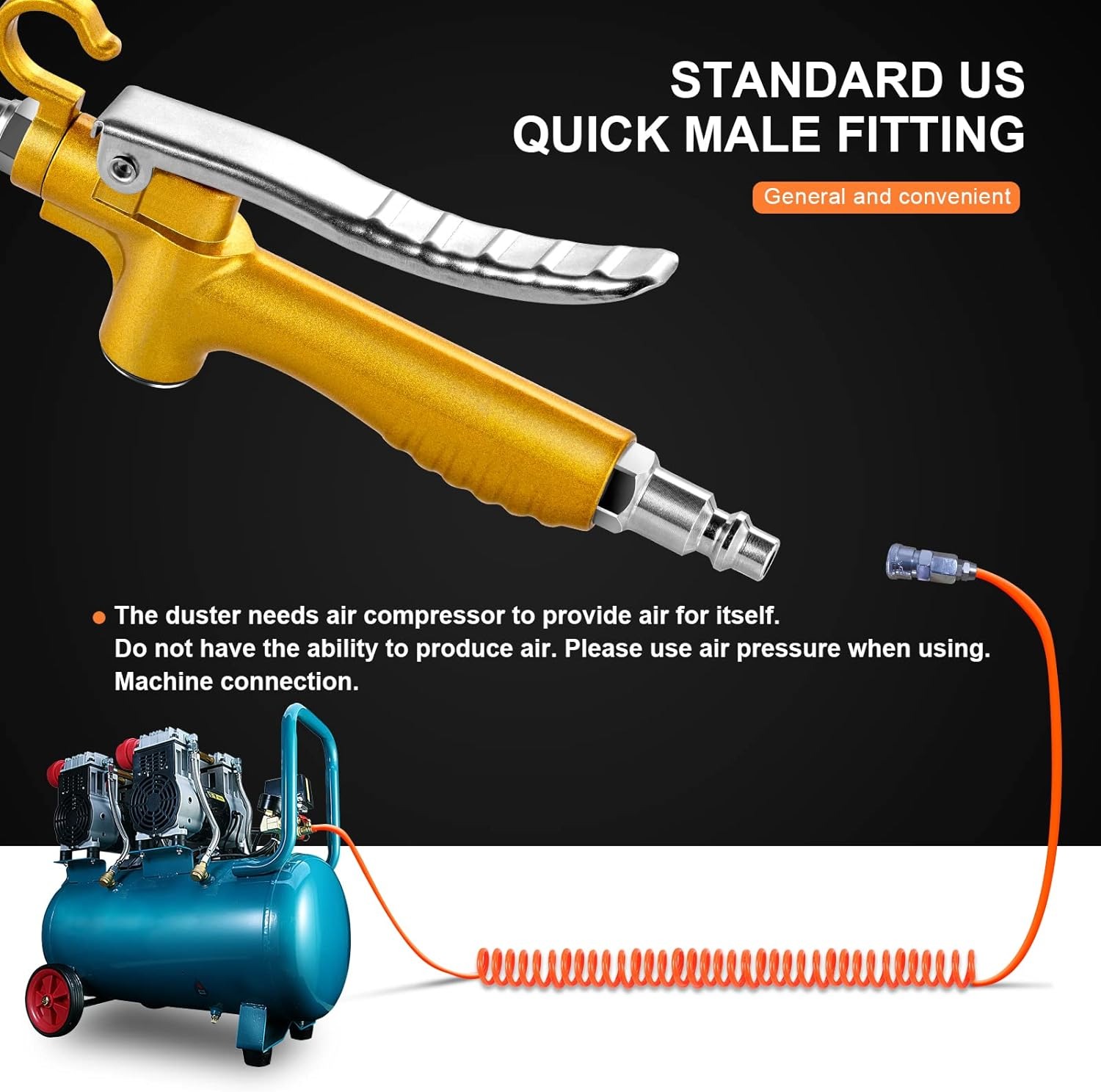 High Volume Industrial Air Blow Gun with Rubber Guard Air Flow Nozzle, Professional Gold Paint Metal Air Blower Gun, Pneumatic Dust Cleaning Tool for Air Compressor Accessories