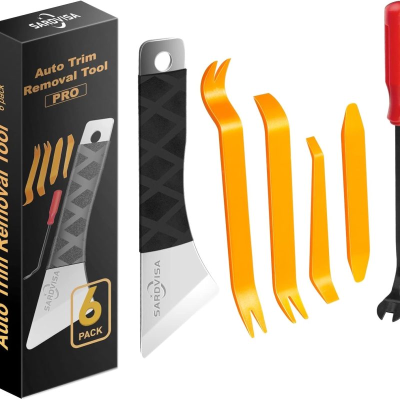 SARDVISA Auto Trim Removal Tool Set, Plastic No Scratch Body Removal Tool Kit with Stainless Steel Metal Pry Board, Car Body Removal Tools for Door Panel, Dashboards, Clips, Baseboard (6Pcs)