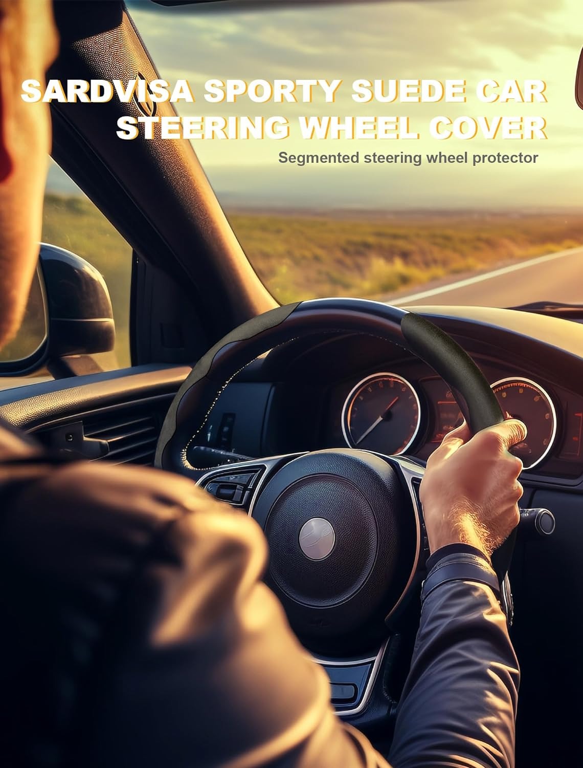 SARDVISA Sporty Suede Car Steering Wheel Cover, Segmented Steering Wheel Protector with 2PCS Car Seat Belt Covers, Butterfly Steering Wheel Cover, Universal Wheel Cover Protector for 99% Car (Black)
