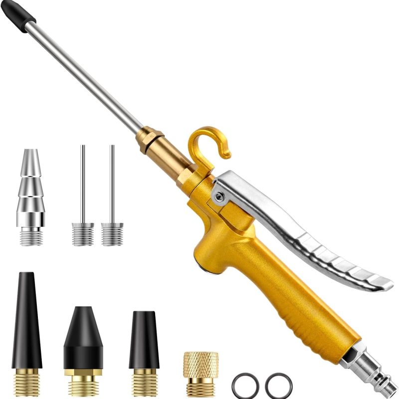 11 Pcs Industrial Air Blow Gun Set with 4.8'' Air Flow Extension, Gold Paint Metal Air Nozzle Kit with 1/4 Inches Standard Quick Fitting, Professional Air Blow Nozzle for Air Compressor Accessories