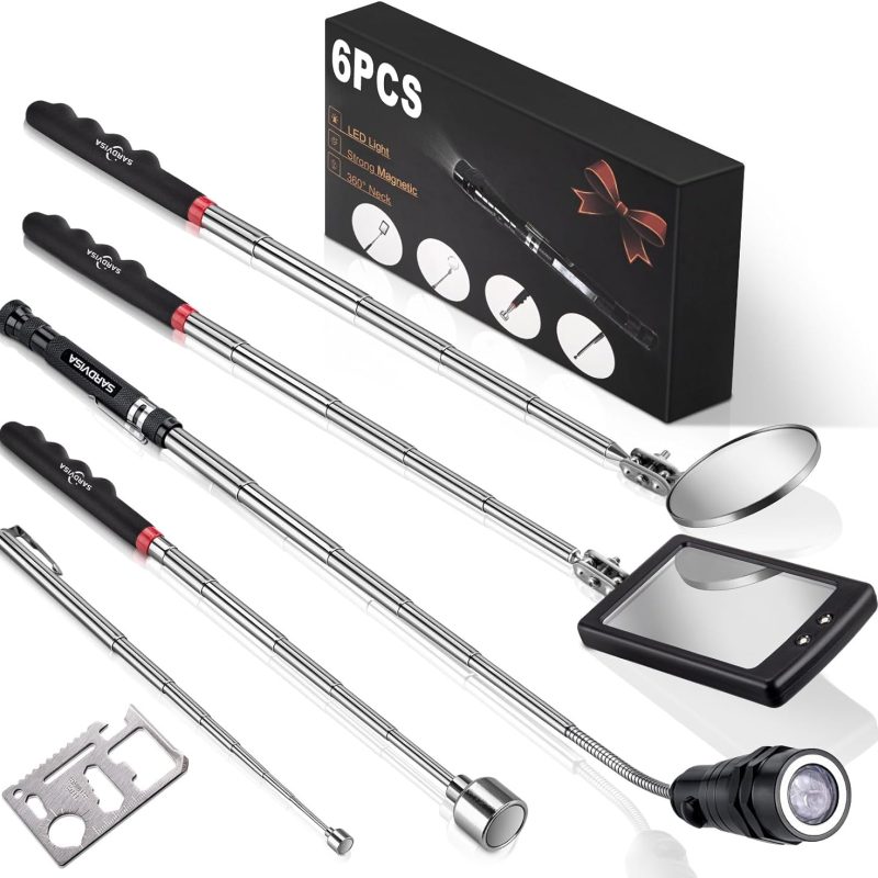 SARDVISA 6-Packs Magnetic Pickup Tool Set, Telescoping Flashlight LED Light, 1.5 & 20 Lb Magnetic Stick, 360 Swivel Adjustable Round/Square Inspection Mirror, Ideal Gifts for Men, Husband, Dad